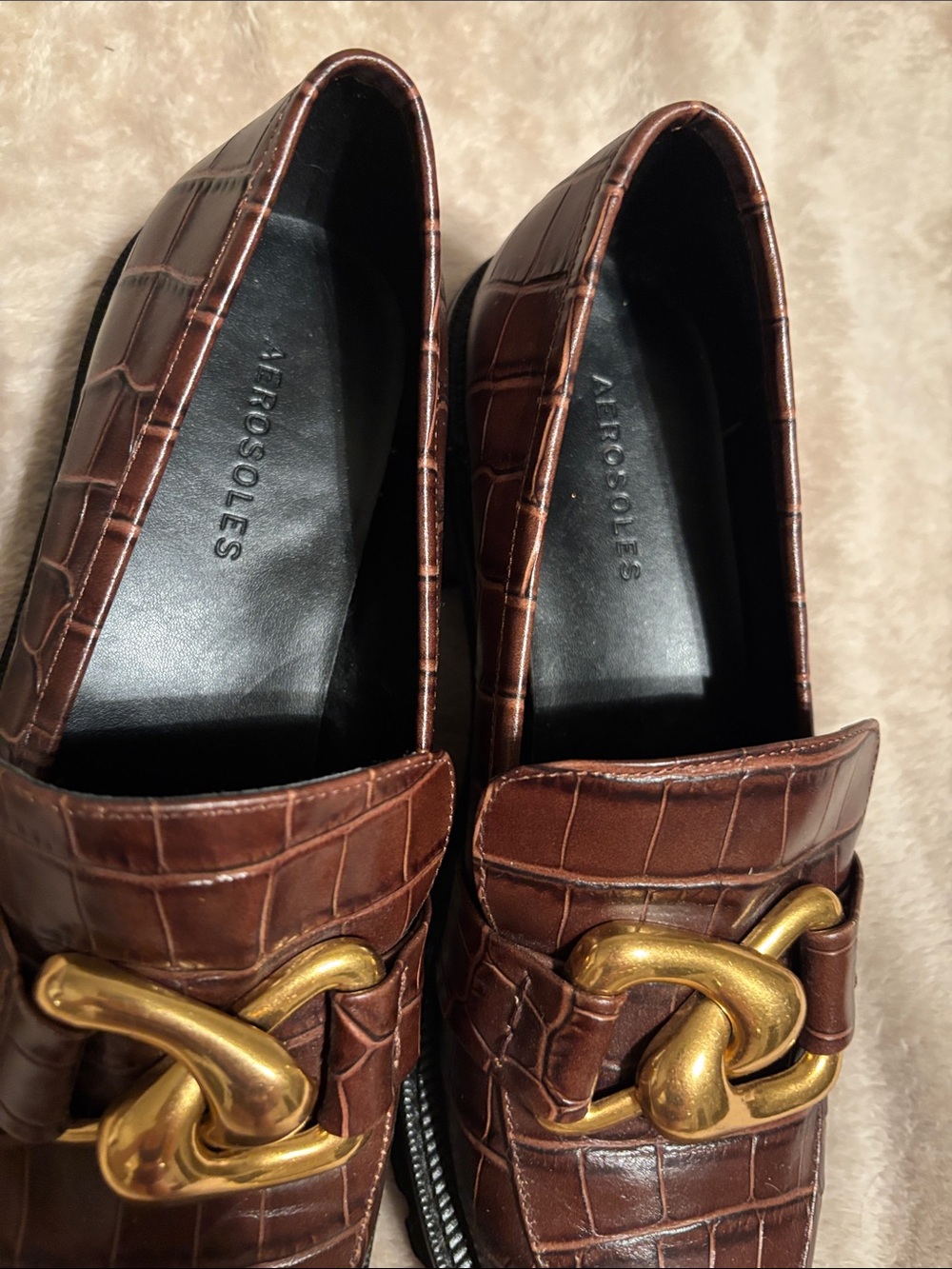 AEROSOLES Brown Croc-Embossed Loafers with Gold Chain Accent - Picture 5 of 5